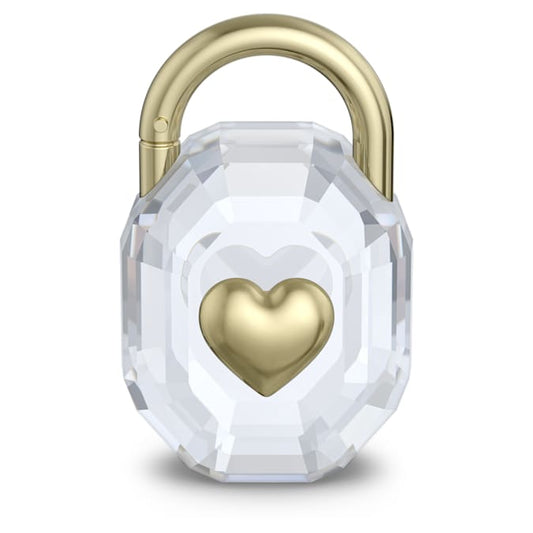 A clear crystal padlock with gold-tone metal heart and clasp.