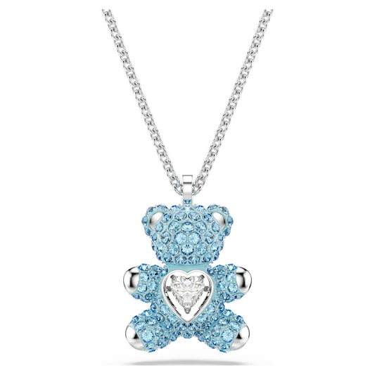 Blue teddy bear pendant with a heart on a white background