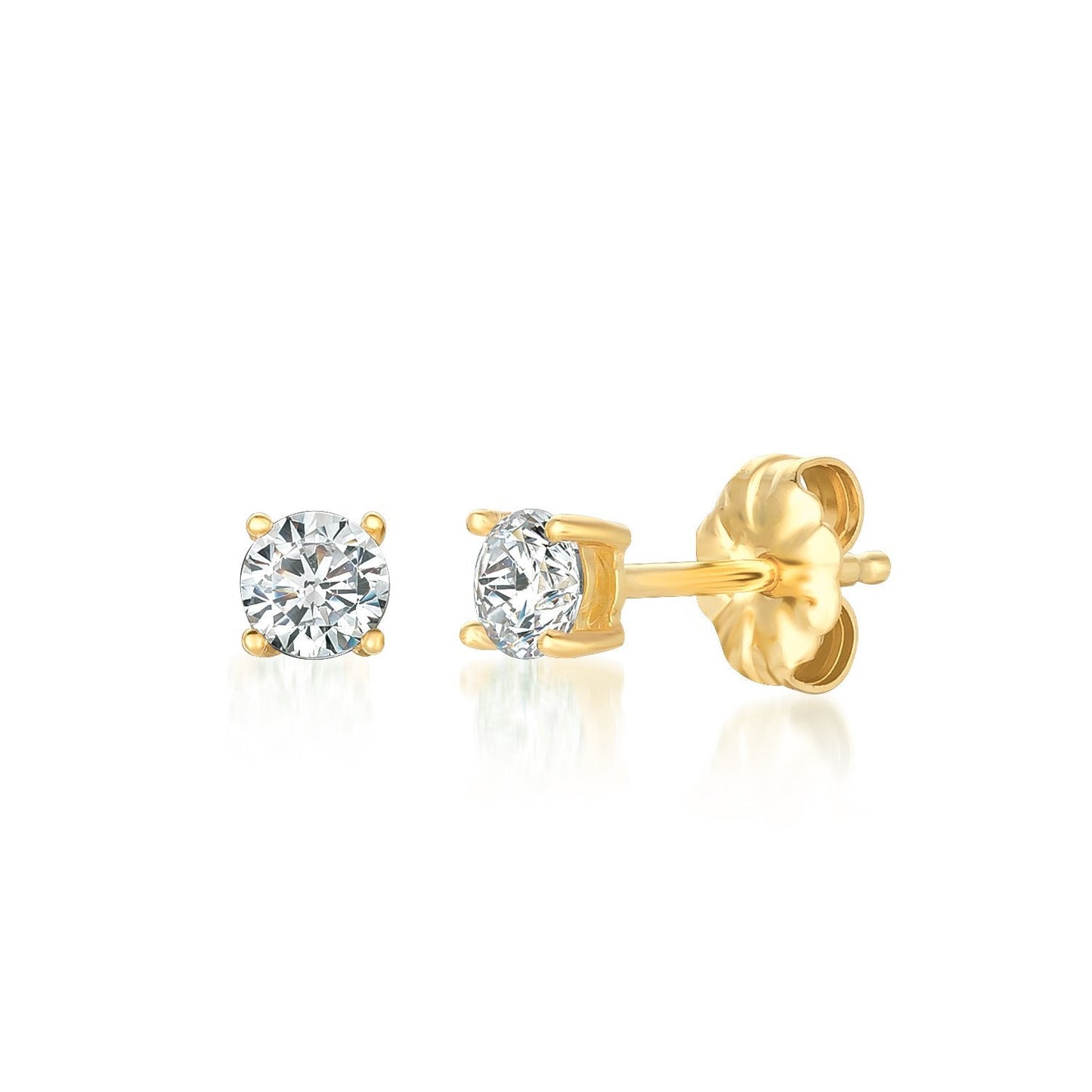 A pair of solitaire brilliant stud earrings plated in 18kt yellow gold with a total carat weight of 0.50, featuring a clear, sparkling stone set in a gold mounting.
