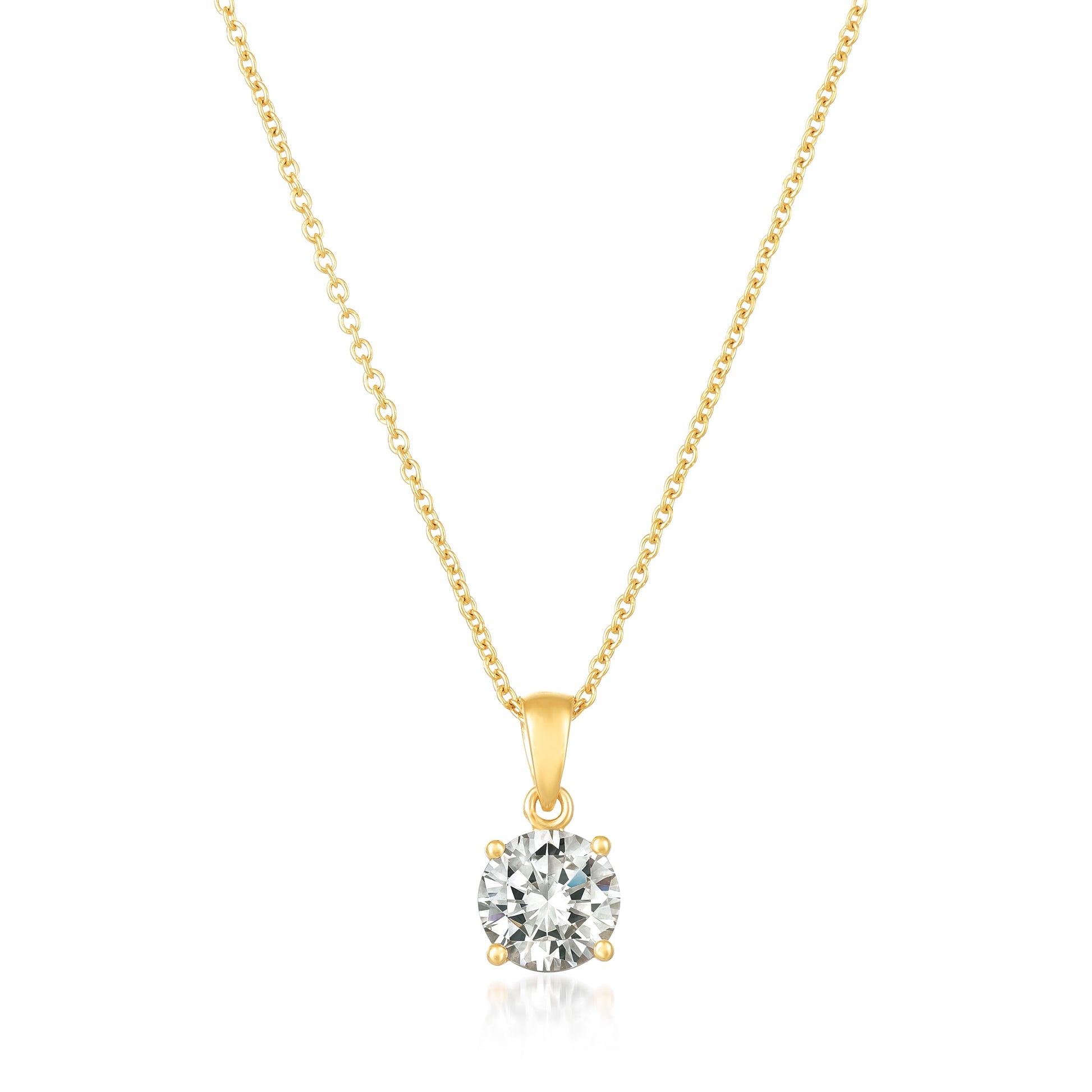 An 18kt yellow gold plated pendant necklace with a single brilliant cut cubic zirconia handset.
