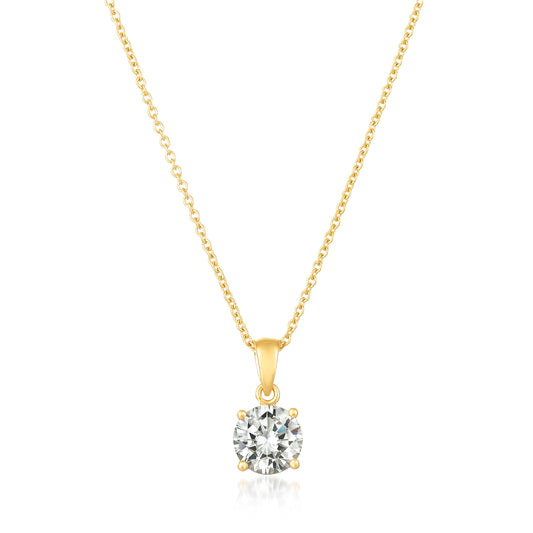 An 18kt yellow gold plated pendant necklace with a single brilliant cut cubic zirconia handset.