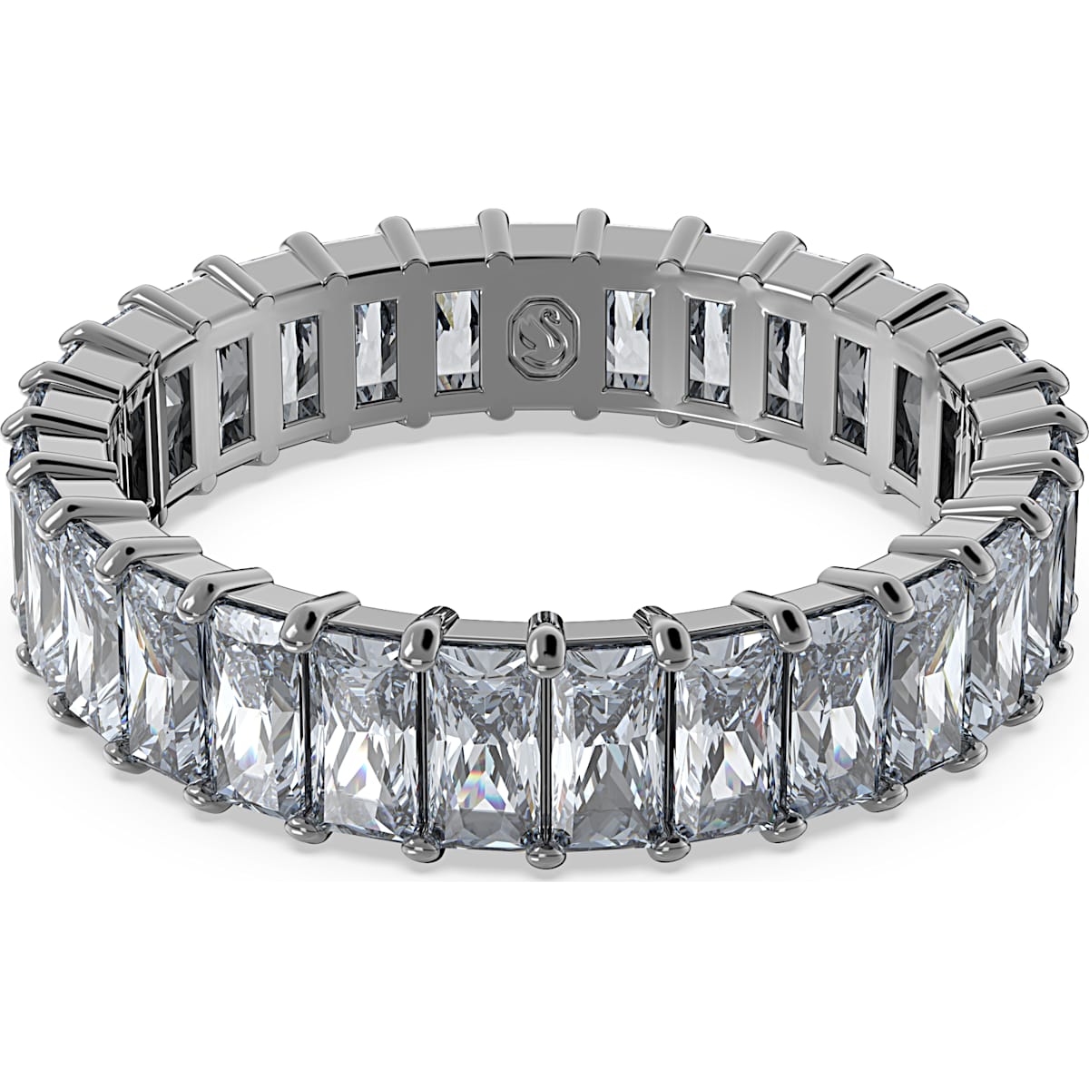 A gray, ruthenium-plated ring with a series of square-cut crystals set in a band.