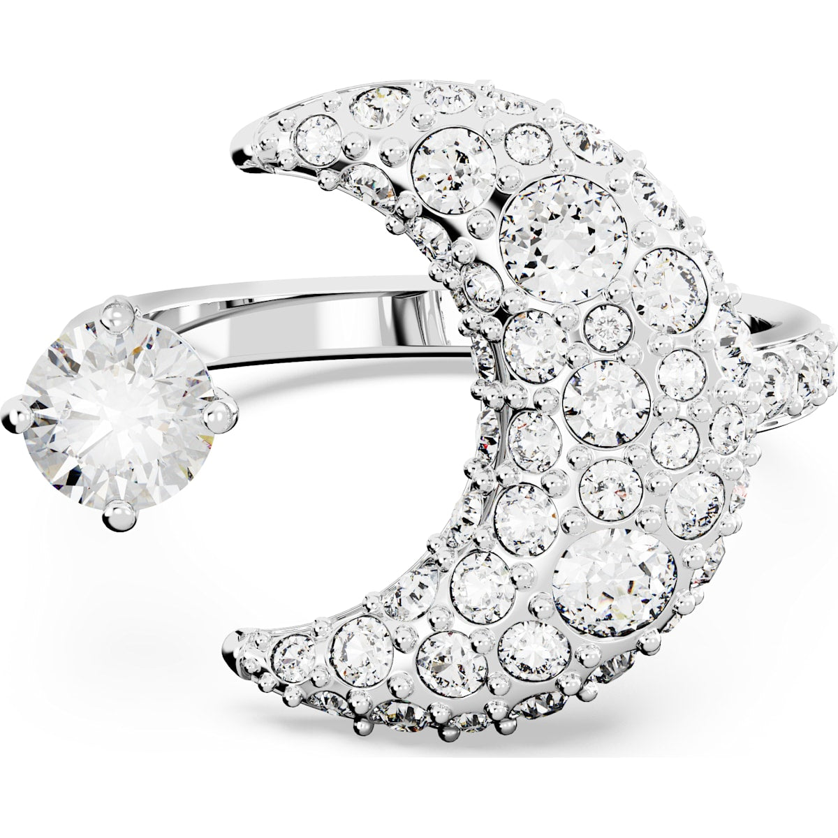 Luna open ring, Moon, White, Rhodium plated