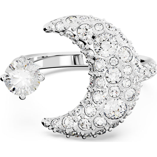 Luna open ring, Moon, White, Rhodium plated