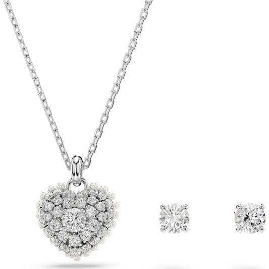 Hyperbola set, Heart, White, Rhodium plated 5684383