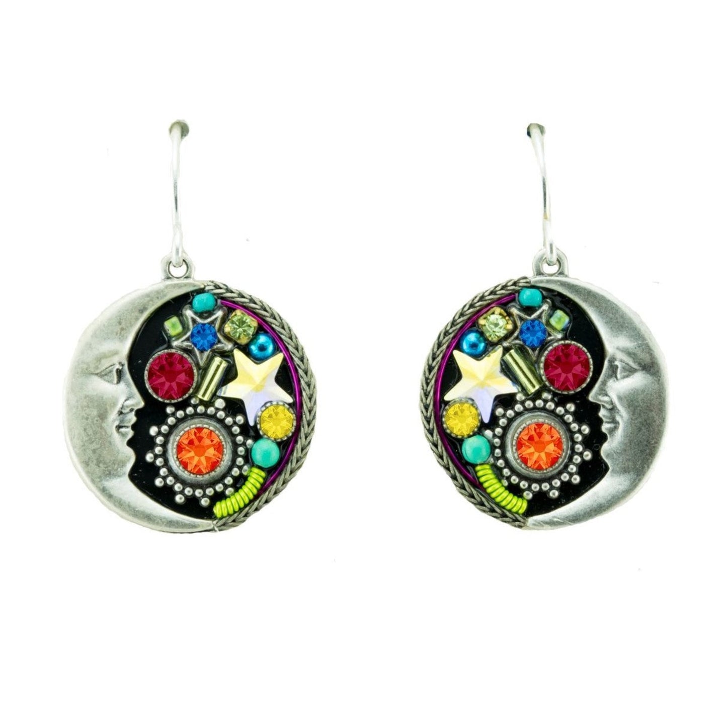 A pair of multicolored earrings with silver wire, adorned with Swarovski crystals and beads.