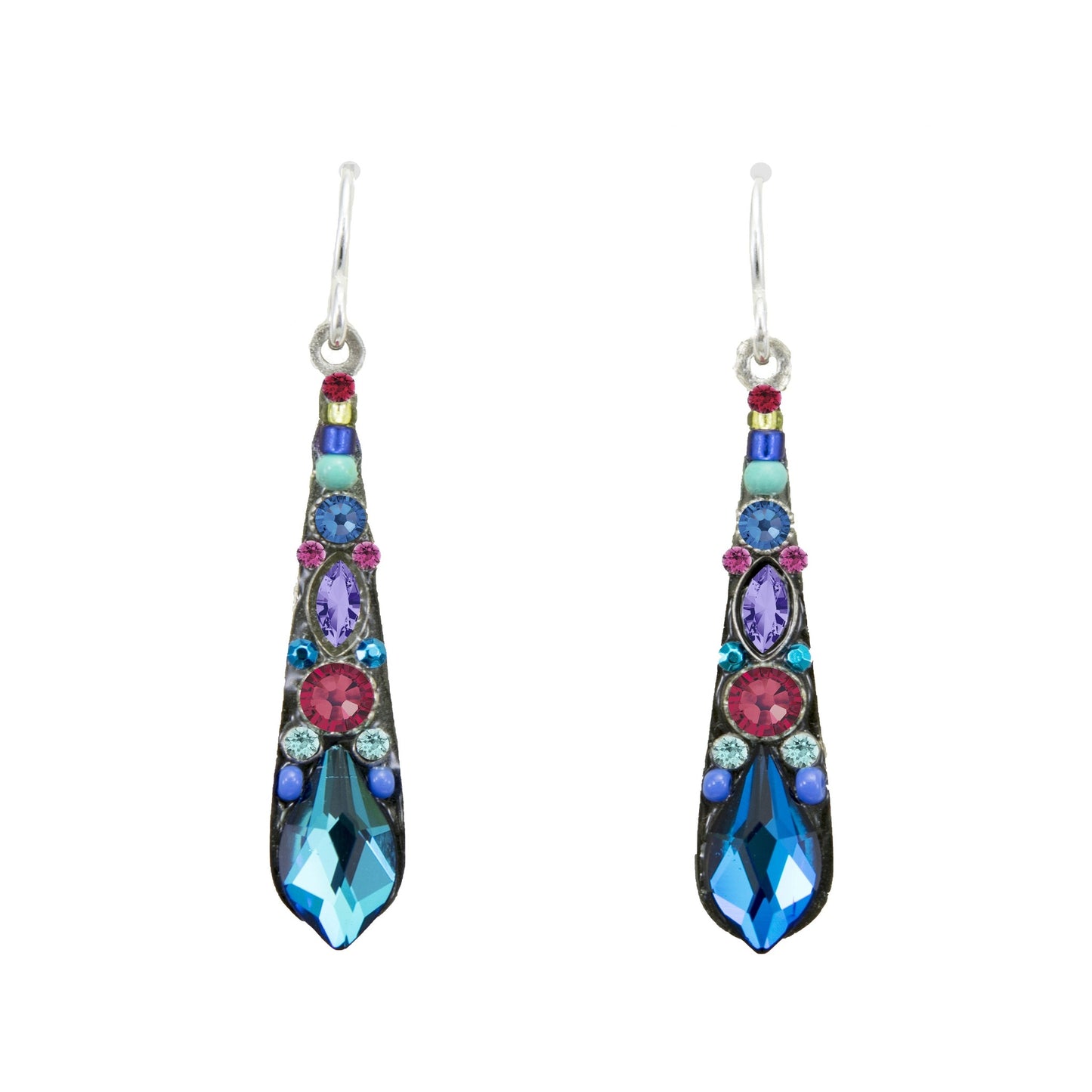 A pair of Bermuda blue earrings with new silver wire design, featuring multiple colorful gem-like embellishments.