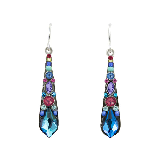 A pair of Bermuda blue earrings with new silver wire design, featuring multiple colorful gem-like embellishments.
