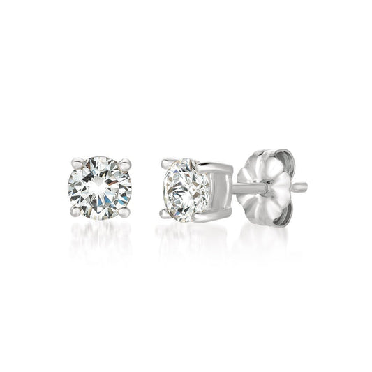 A pair of solitaire brilliant-cut stud earrings crafted in .925 silver and finished in pure platinum with a 1.0 carat total weight, set against a white background.