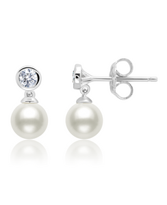 Genuine Pearl Drop Earrings with CZ Bezel Set in Pure Platinum 9011944E00PL