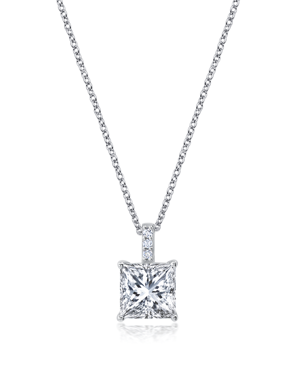 RADIANT CUT SOLITAIRE BEZEL SET PENDANT SMALL FINISHED IN PURE PLATINUM SKU: 9012299N16CZ