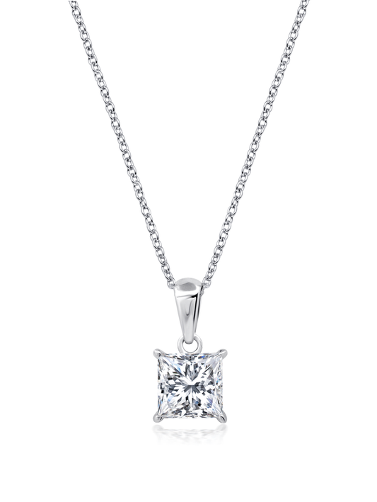 A princess cut solitaire bezel set pendant necklace with a small finish in pure platinum.
