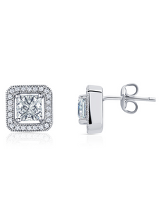 PRINCESS CUT HALO STUD EARRINGS FINISHED IN PURE PLATINUM