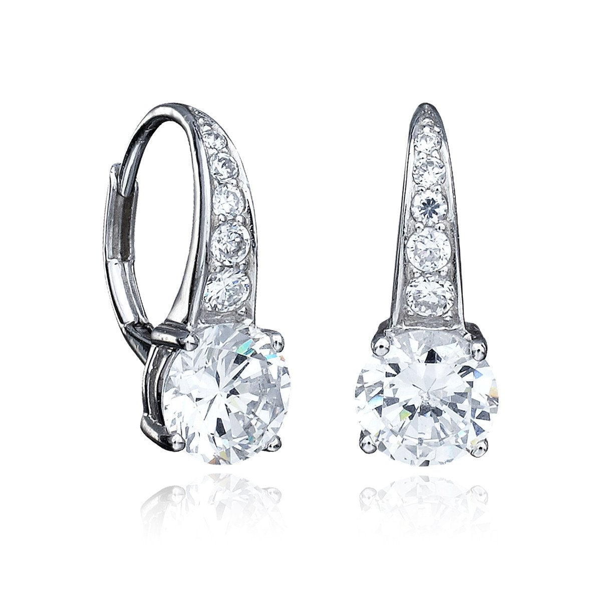 A pair of platinum finished sterling silver leverback drop earrings with round brilliant cut cubic zirconia accents.