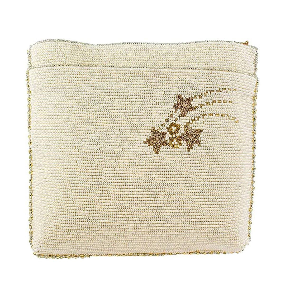 A crossbody handbag with a design of back white beaded bag.