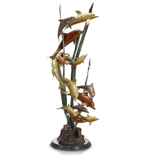 A brass sculpture of a dozen dolphins in various poses on a marble base, finished with a hot patina technique.