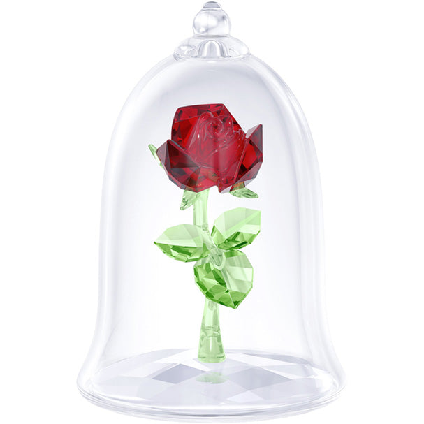 A detailed crystal rose inside a glass bell jar, with red and green crystal petals and a clear base, as seen against a white background.