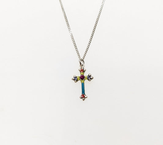 A multicolored cross necklace with a chain link and a lobster claw clasp.