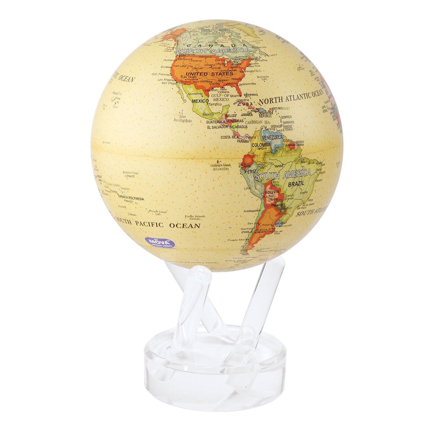 A yellow political map globe with yellow, green, and orange landmasses on a white stand.