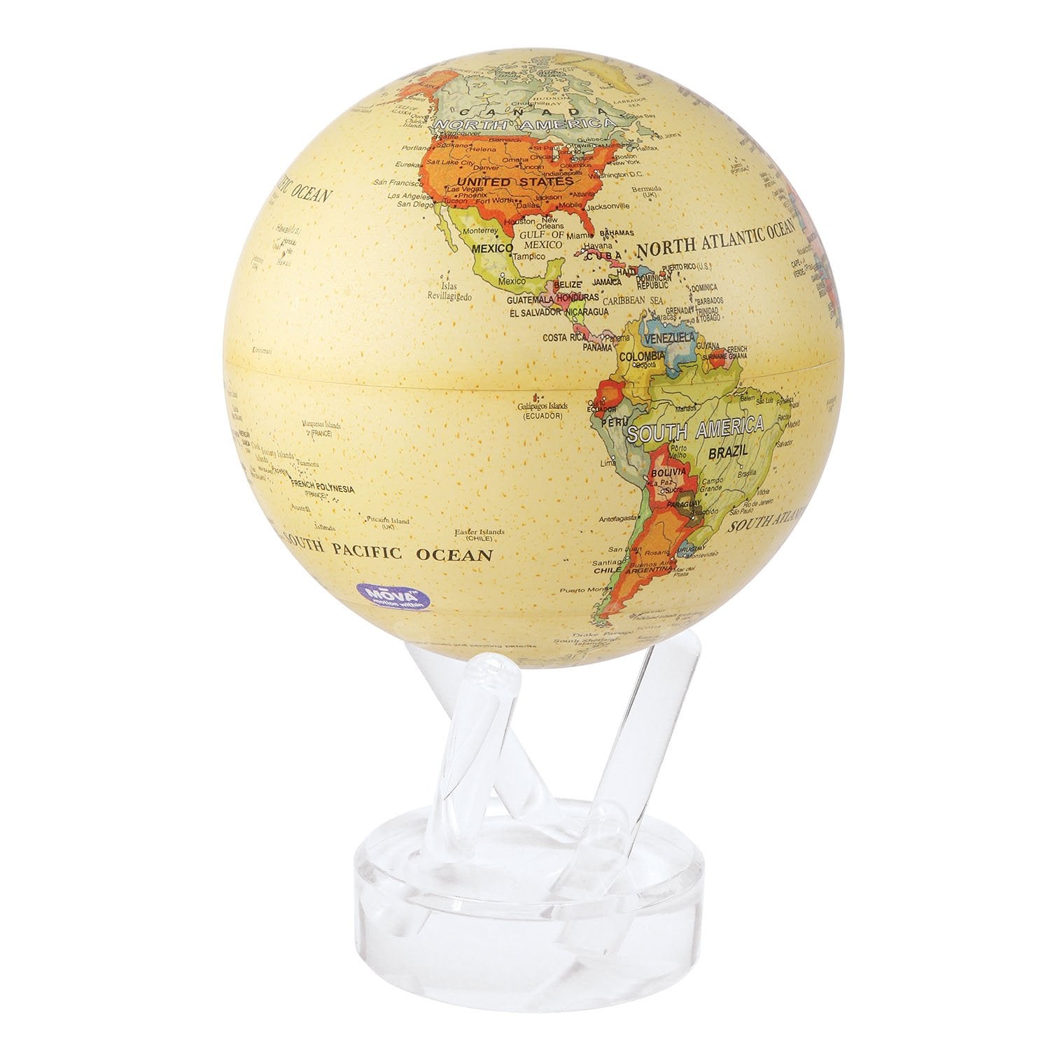A physical globe with yellow oceans and a combination of yellow, green, and orange landmasses on a clear stand, labeled as a 6-inch model from MOVA Globes.