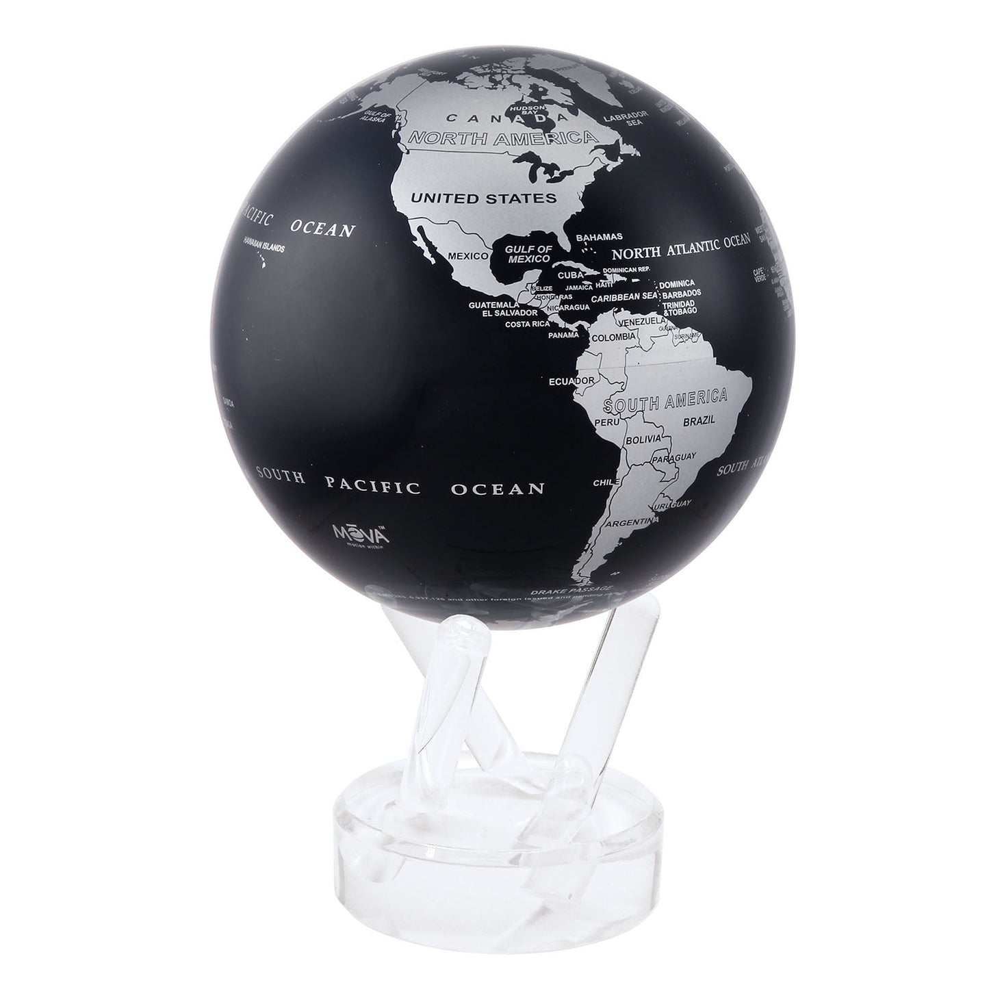 A Mova globe black and silver in white background.