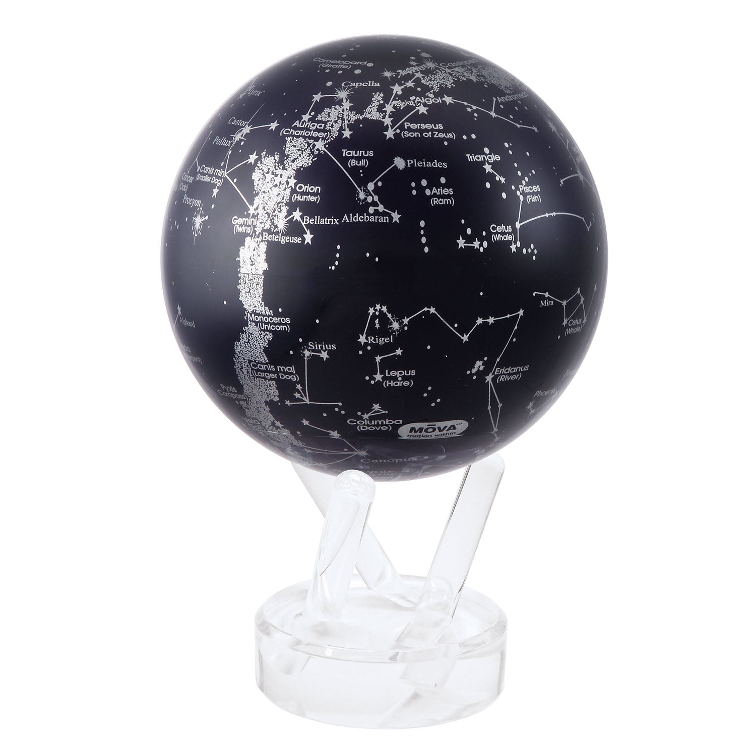 A Mova globe showing the night sky and constellations sitting on a white stand.
