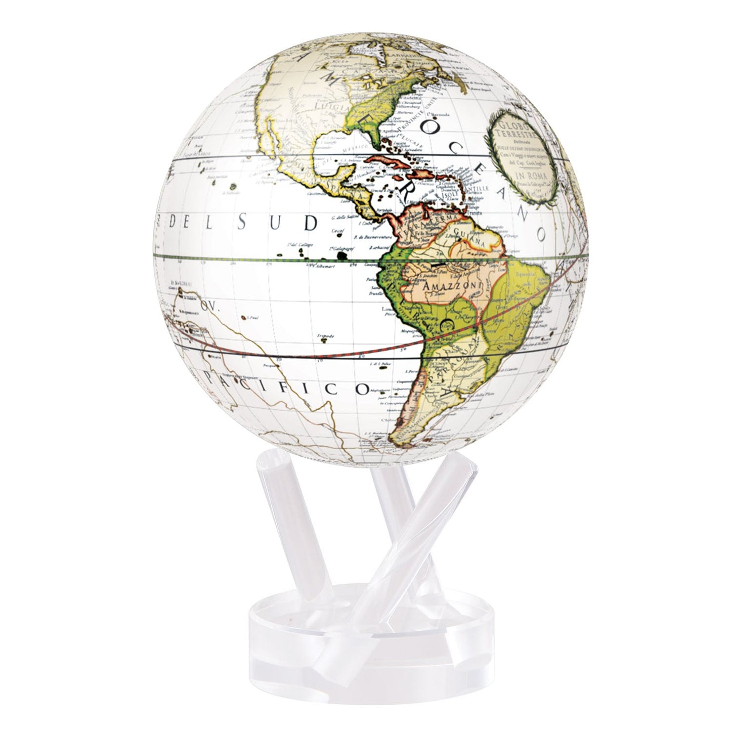 A white and green antique terrestrial globe with visible latitude and longitude lines, placed on a clear stand.