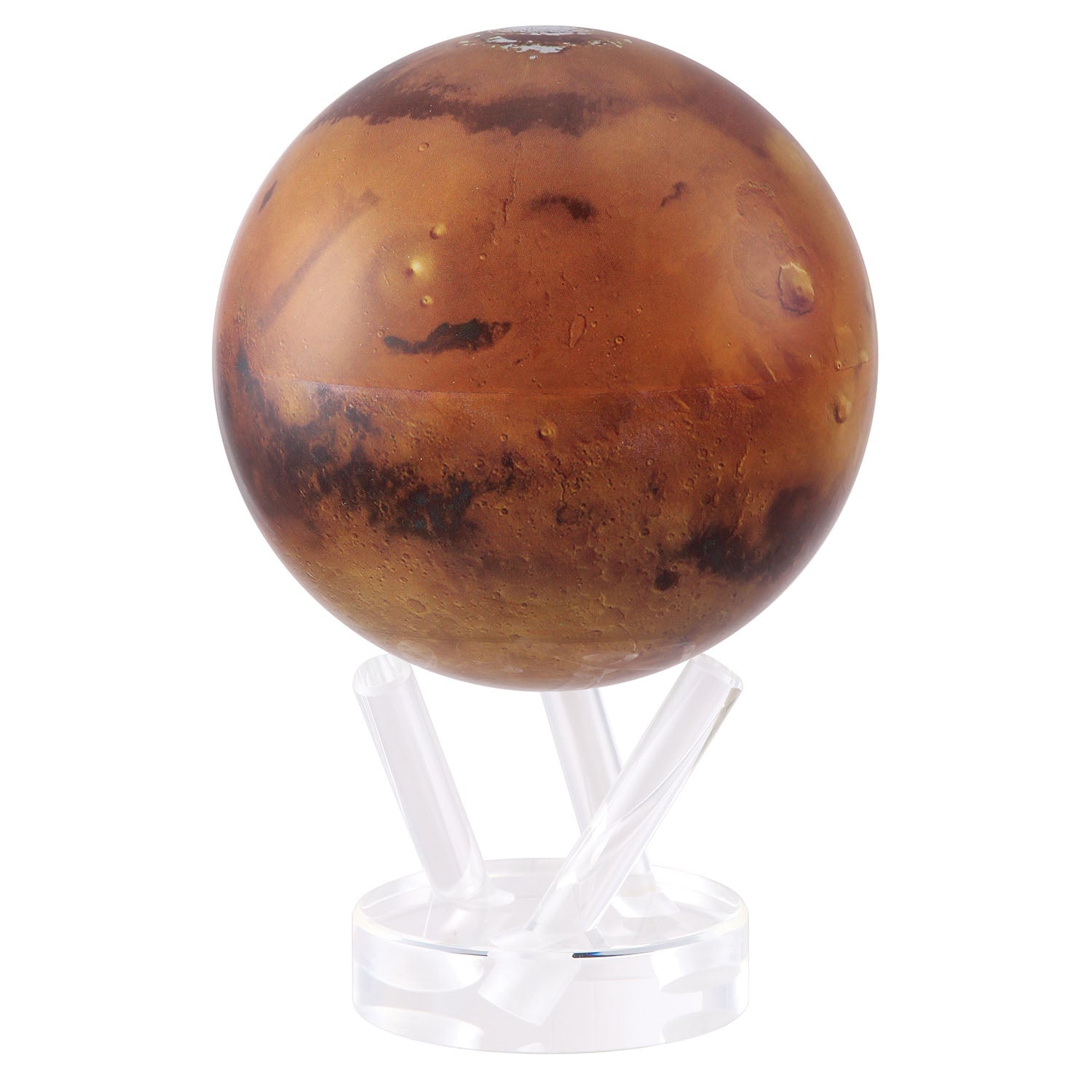 A rotating globe of Mars with a realistic surface texture on a clear stand, powered by hidden magnets using ambient light.