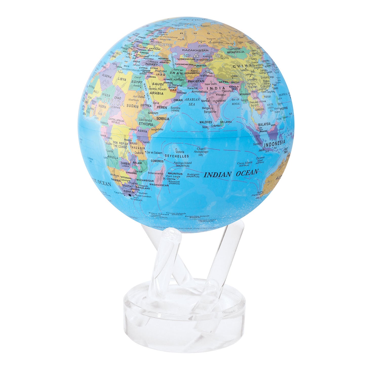 A close view of map globe with blue oceans and multicolored countries.