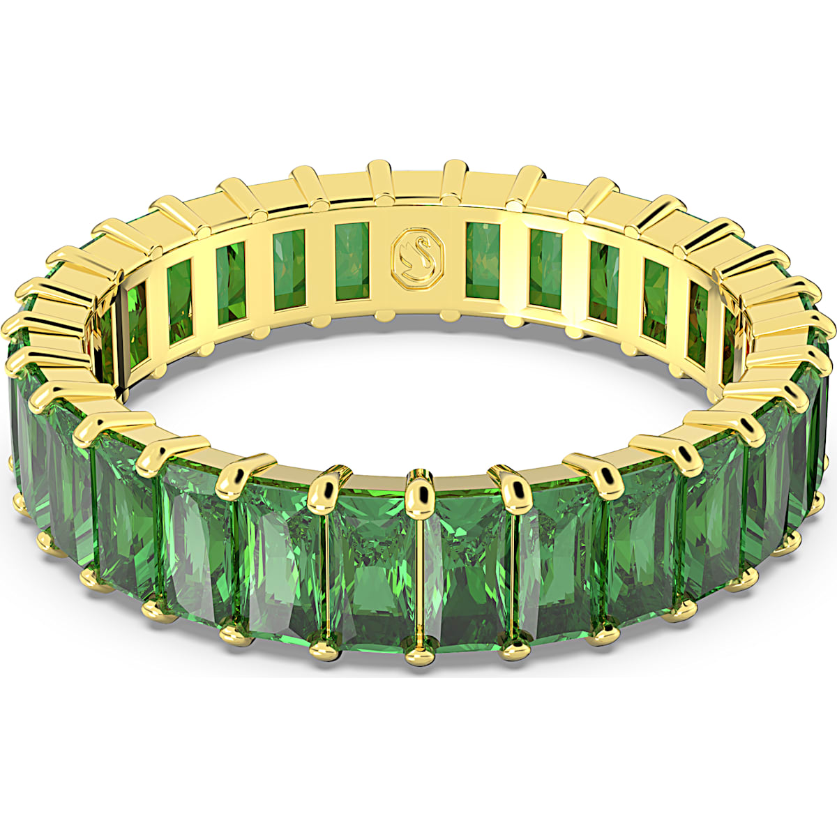 A gold-tone plated ring with baguette cut green stones.