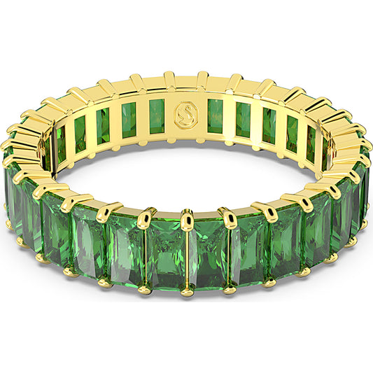 A gold-tone plated ring with baguette cut green stones.