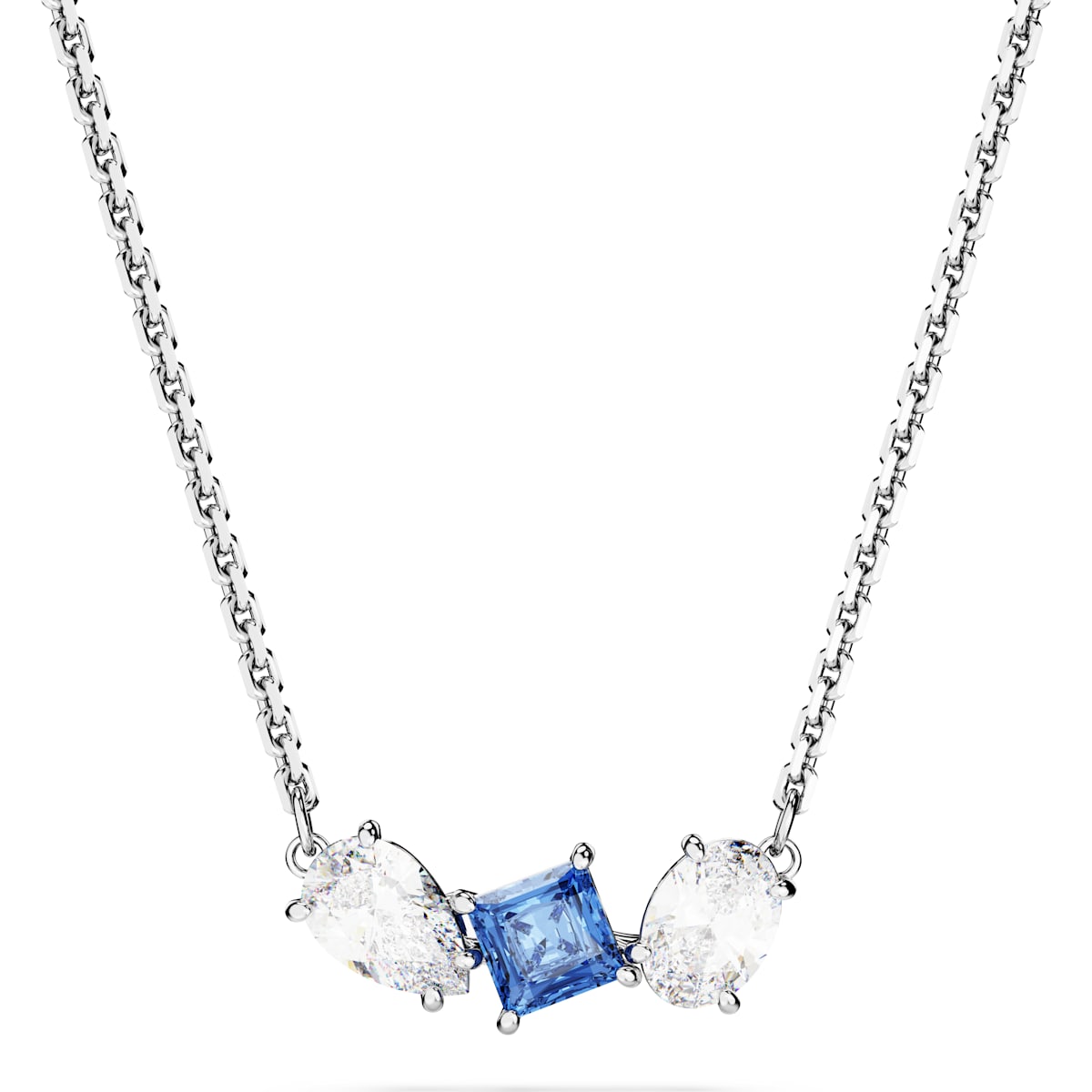 A rhodium-plated necklace with a central square blue pendant flanked by two round clear pendants on a chain.
