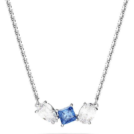 A rhodium-plated necklace with a central square blue pendant flanked by two round clear pendants on a chain.
