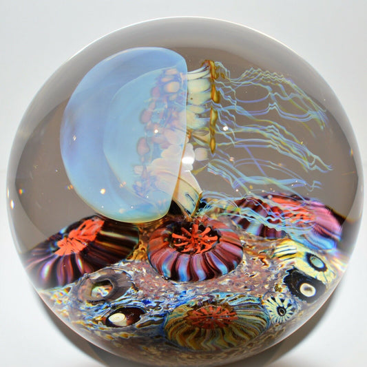 Handmade Satava Art Glass Moon blue Jellyfish Side swimmer with white background