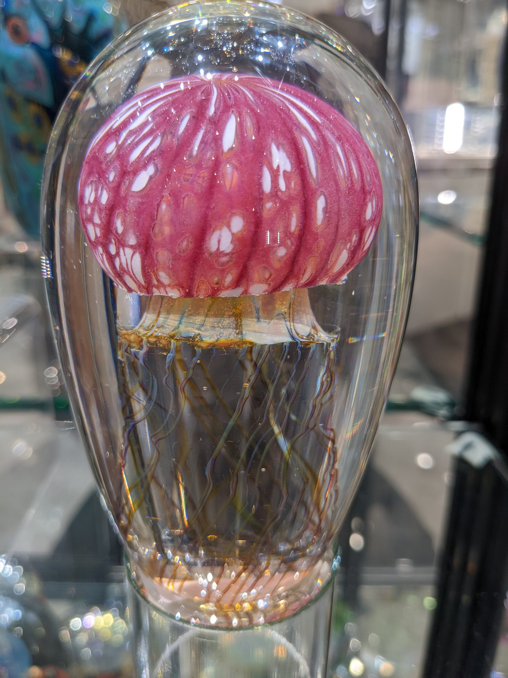 Satava handcrafted art glass jellyfish with a fuchsia ribbed dome and a brown and gold band with floating tentacles inside a clear glass base.