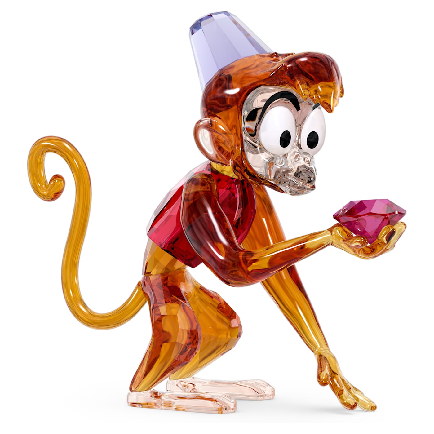 A crystal figurine of Abu, the monkey from Disney's Aladdin, crafted in multicolored crystals, holding a small crystal piece.