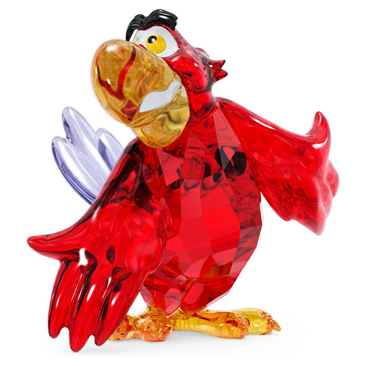A crystal figurine of the character Iago from Disney's Aladdin, crafted in red and other colored crystals, showing the character with a greedy expression.