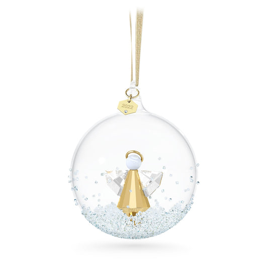 A ball ornament with a golden angel figure inside, encased in white crystals with a champagne gold-tone metal rim. It has a golden lamé ribbon at the top and is coated with a Moonlight effect.
