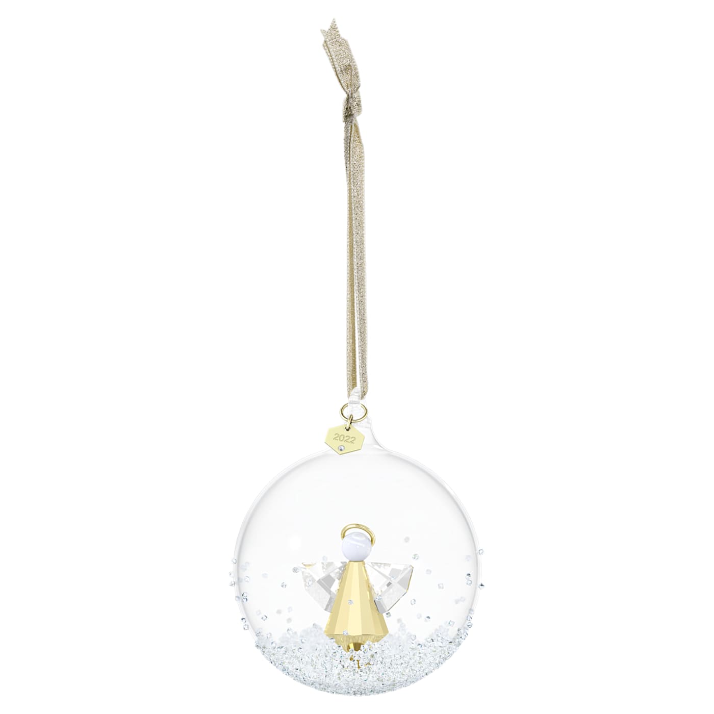 A hand-blown glass ball with an angel, shining with 41 facets and luxury champagne gold-tone metal, nestled within.