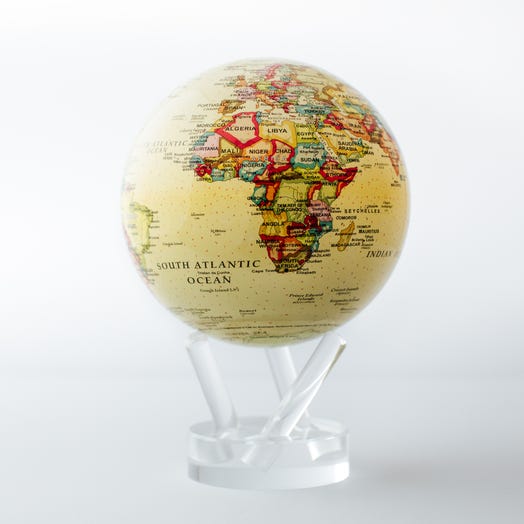 A yellow political map globe with yellow, green, and orange landmasses on a white stand, approximately 7 inches tall and 2.2 lbs in weight.