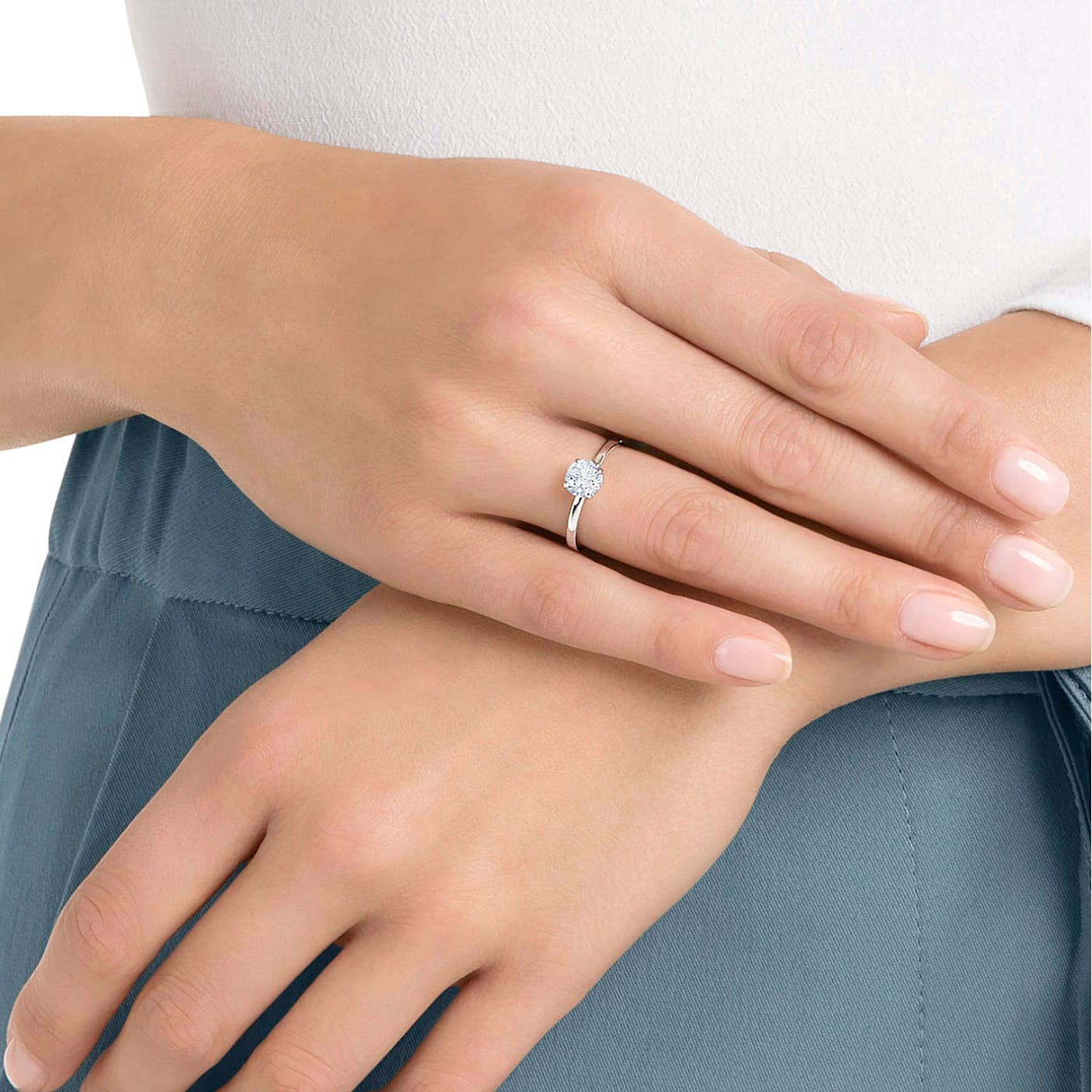 Attract ring Round cut, White, Rhodium plated