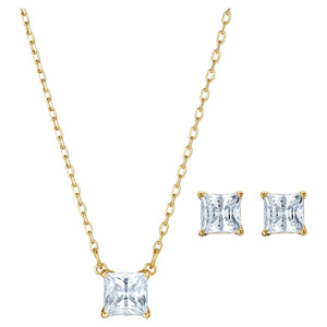 Attract set Square cut crystal, White, Gold-tone plated