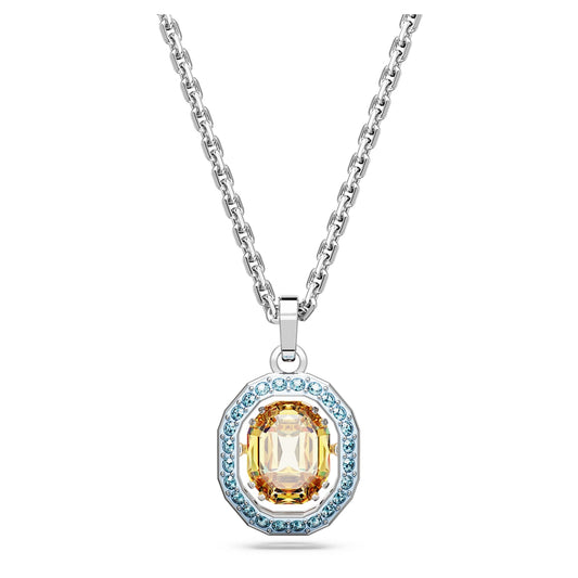 Rhodium plated octagon cut pendant with multicolored gemstones surrounded by blue crystals.