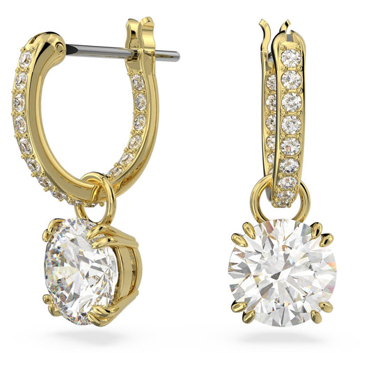 A pair of round cut white drop earrings with gold-tone plating.
