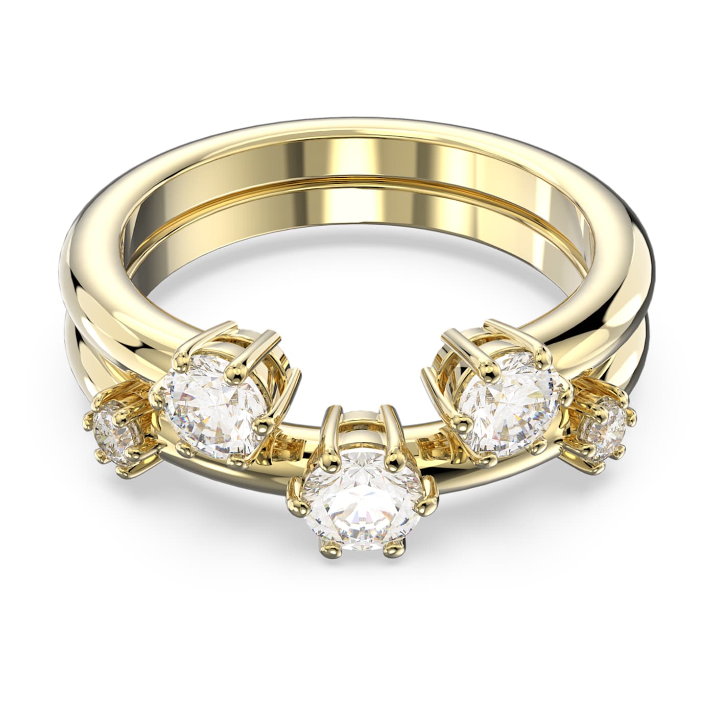 A gold-tone plated band ring with round cut white zirconia stones set in a gold-tone plated band.