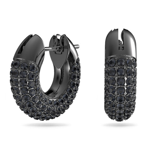 A pair of black hoop earrings with a pave design, featuring a ruthenium plated frame and foiled crystals.