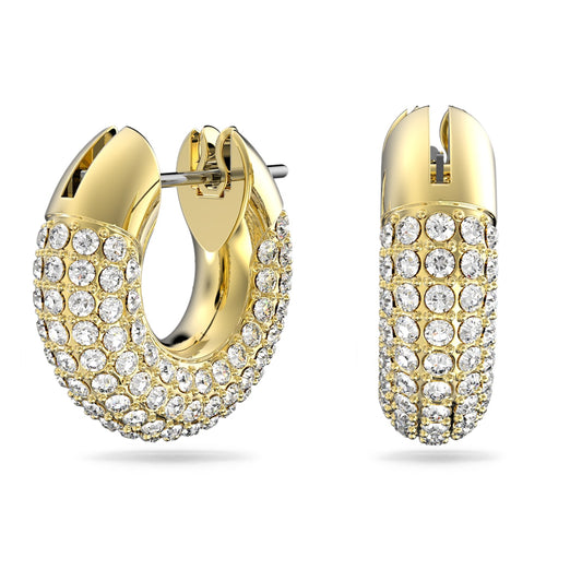 A pair of gold-tone plated hoop earrings with white Swarovski crystals pavé set throughout the hoop.