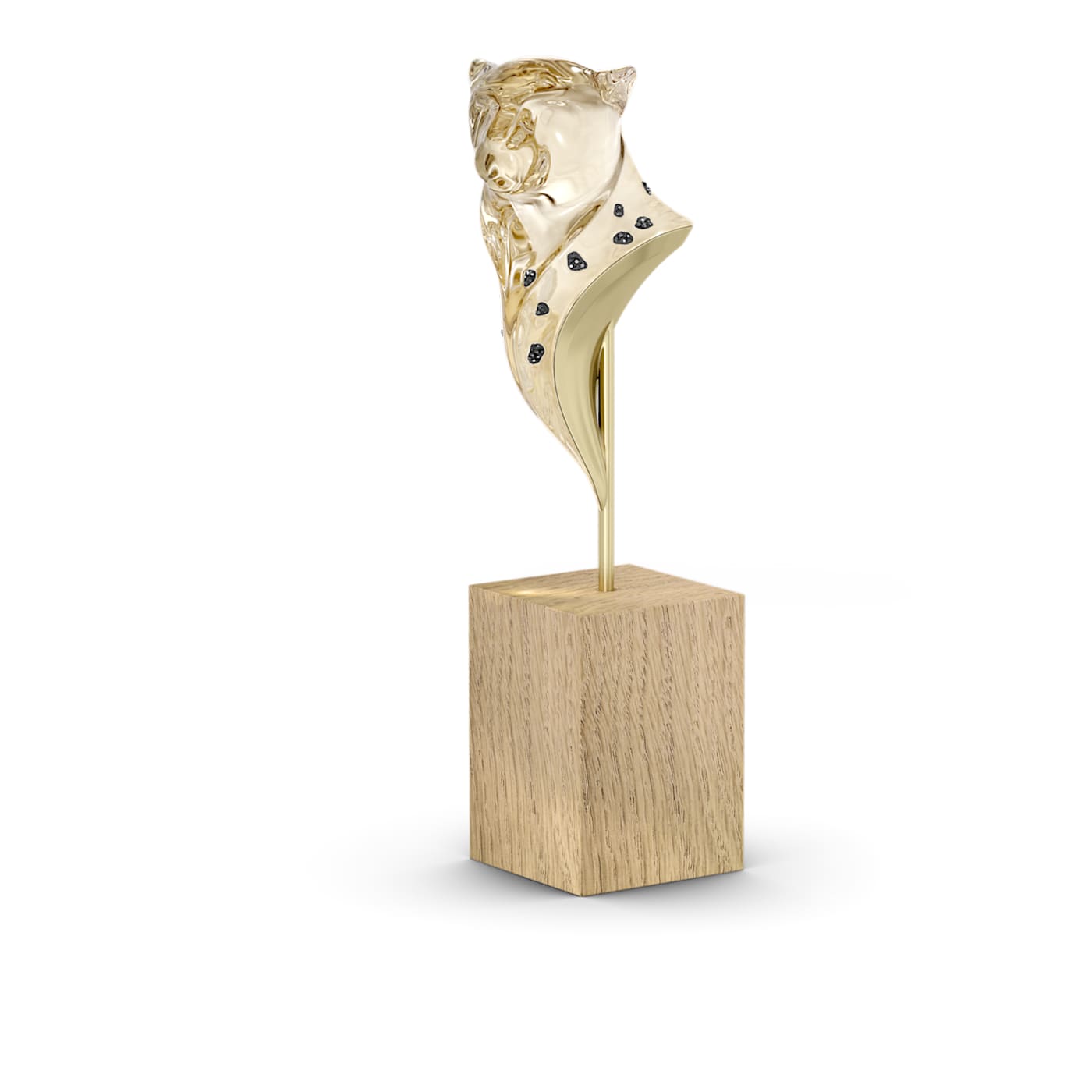 A luxurious gold-tone metal cheetah head sculpture mounted on a wooden base, embellished with black crystals.
