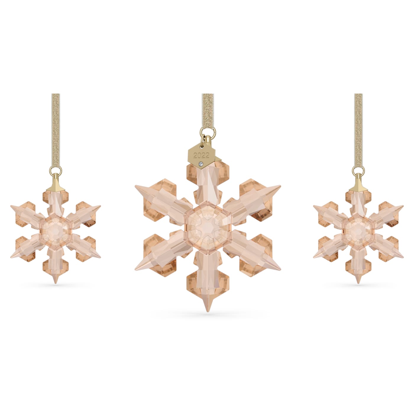 A set of three gold-toned crystal snowflake ornaments, with one large ornament featuring a golden lamé ribbon and two smaller versions without the ribbon.