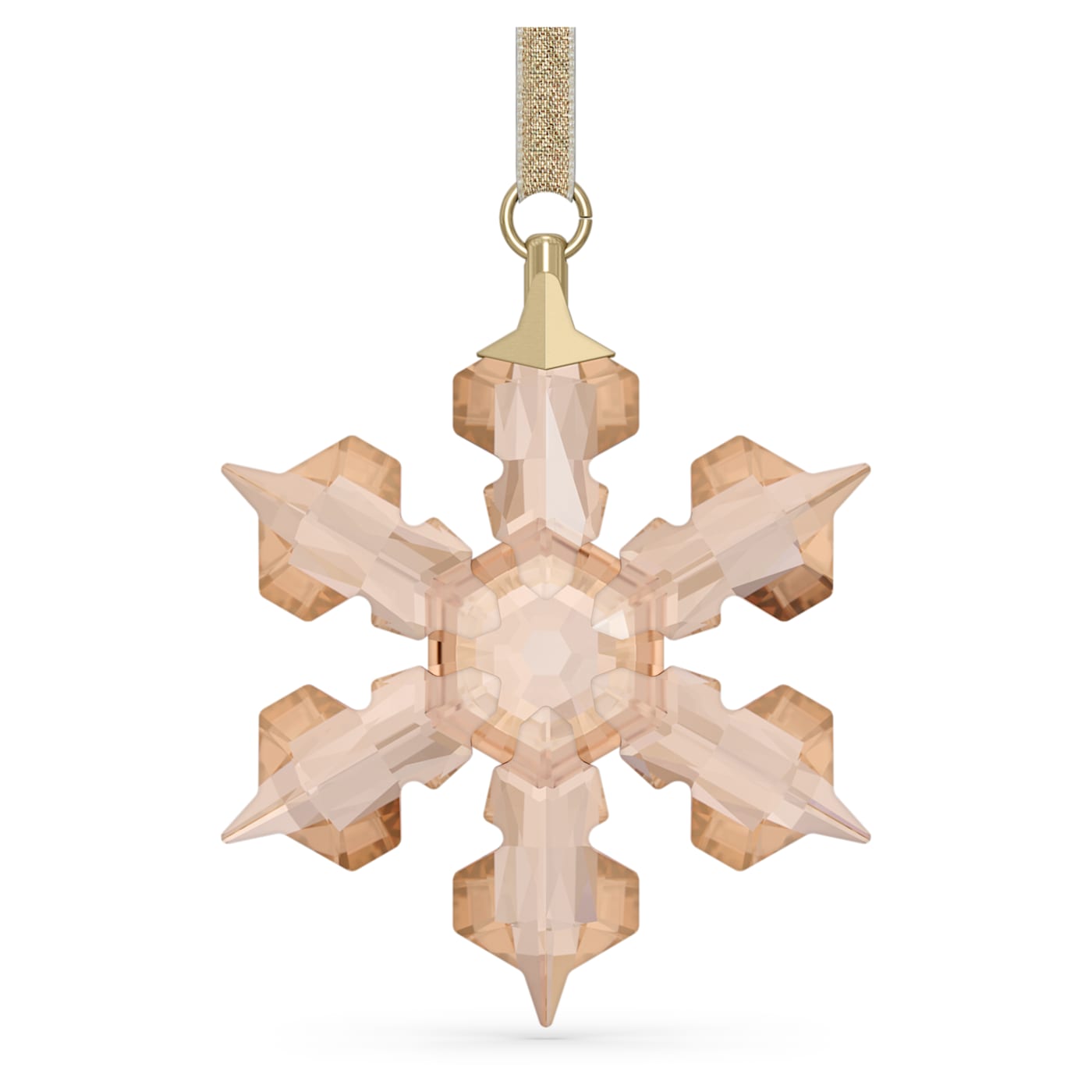 A small gold-tone crystal snowflake ornament with a golden lamé ribbon at the top.